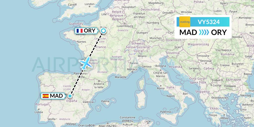 VY5324 Vueling Flight Map: Madrid to Paris