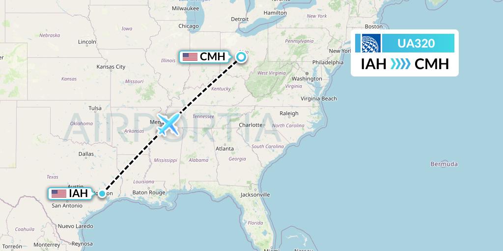 UA320 United Airlines Flight Map: Houston to Columbus