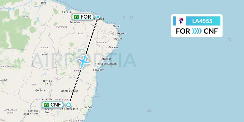 LA4555 LAN Airlines Flight Map: Fortaleza to Belo Horizonte