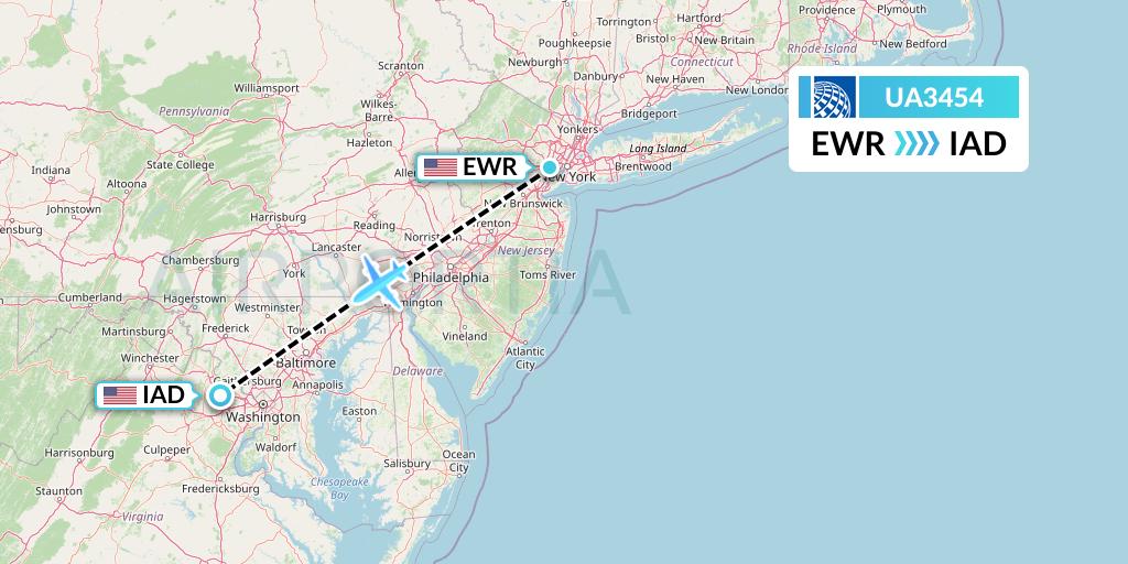 UA3454 United Airlines Flight Map: New York to Washington