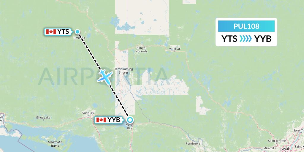 PUL108 Ornge Air Flight Map: Timmins to North Bay
