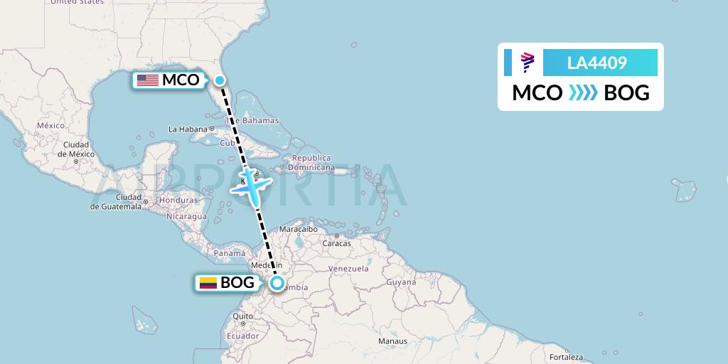 LA4409 LAN Airlines Flight Map: Orlando to Bogota