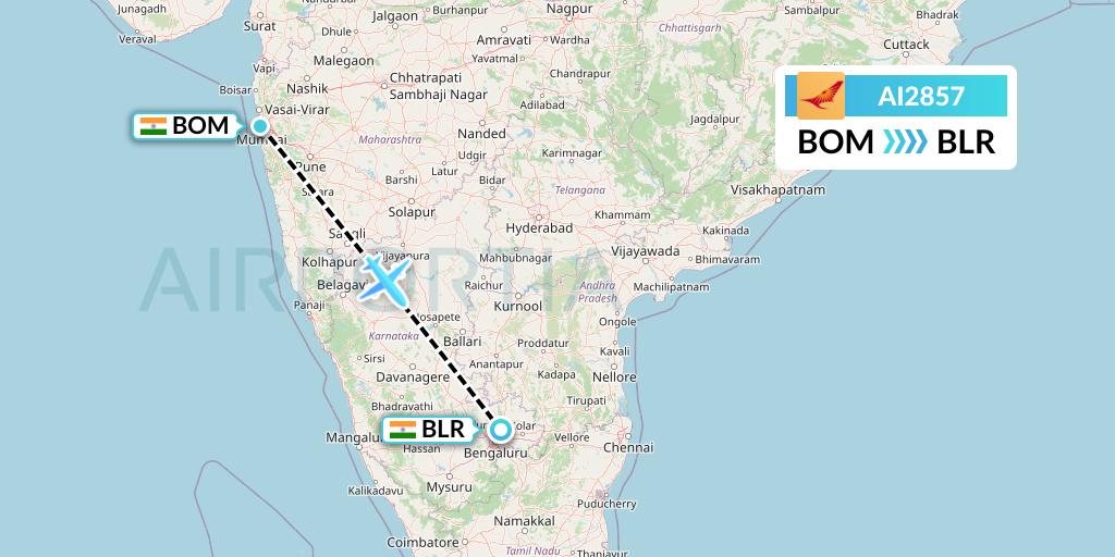 AI2857 Air India Flight Map: Mumbai to Bangalore