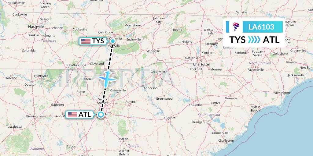 LA6103 LAN Airlines Flight Map: Knoxville to Atlanta