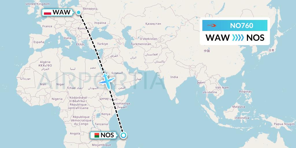 NO760 Neos Flight Map: Warsaw to Nosy Be