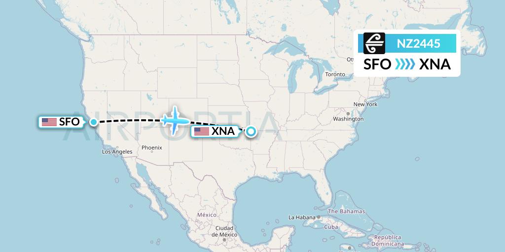 NZ2445 Air New Zealand Flight Map: San Francisco to Bentonville
