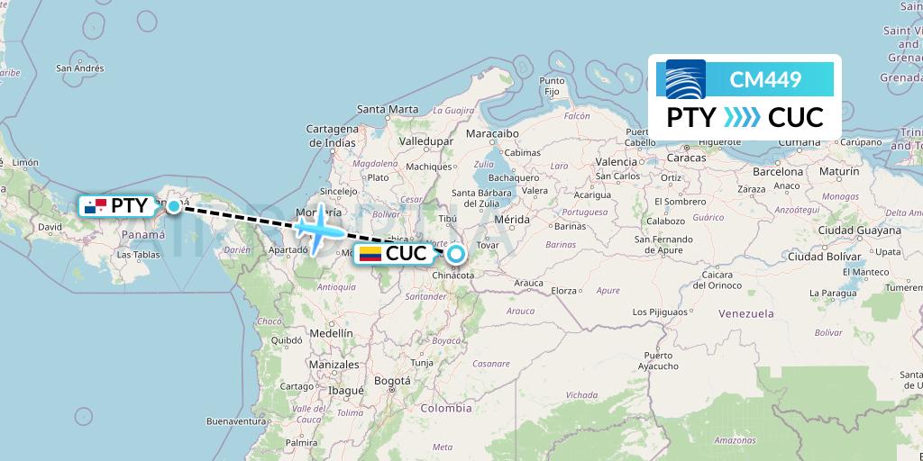 CM449 Copa Airlines Flight Map: Panama City to Cucuta
