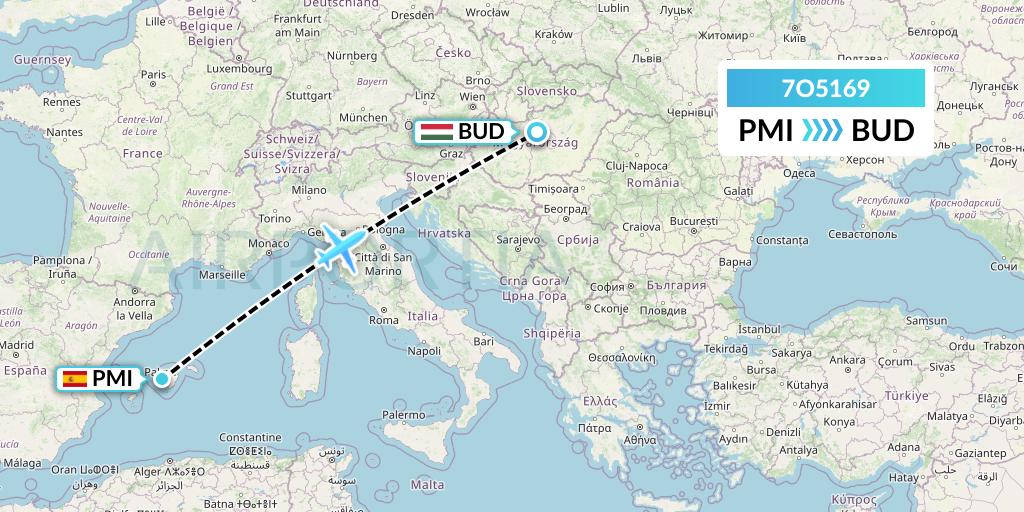 7O5169 Travel Service Hungary Flight Map: Palma de Mallorca to Budapest