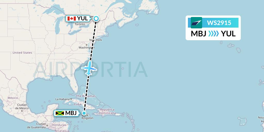 WS2915 WestJet Flight Map: Montego Bay to Montreal