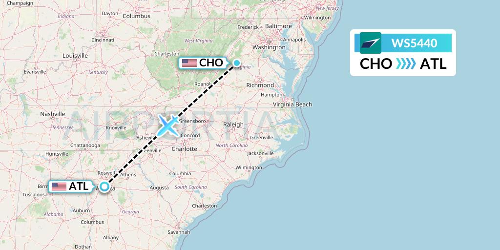 WS5440 WestJet Flight Map: Charlottesville to Atlanta