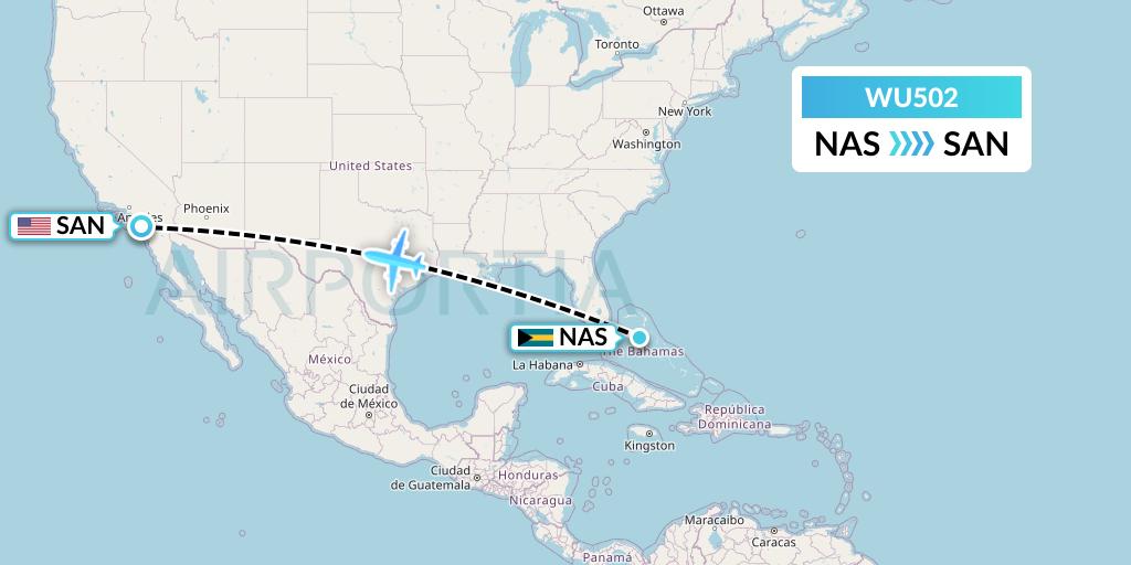 WU502 Western Air Flight Map: Nassau to San Diego