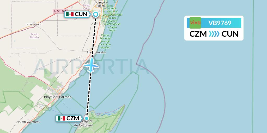 VB9769 VivaAerobus Flight Map: Cozumel to Cancun