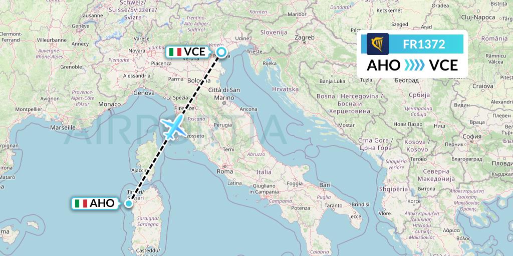 FR1372 Ryanair Flight Map: Alghero to Venice