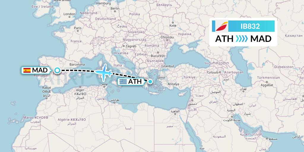 IB832 Iberia Flight Map: Athens to Madrid