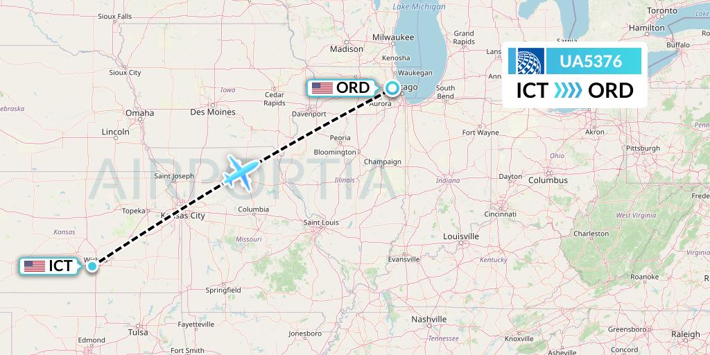 UA5376 United Airlines Flight Map: Wichita to Chicago