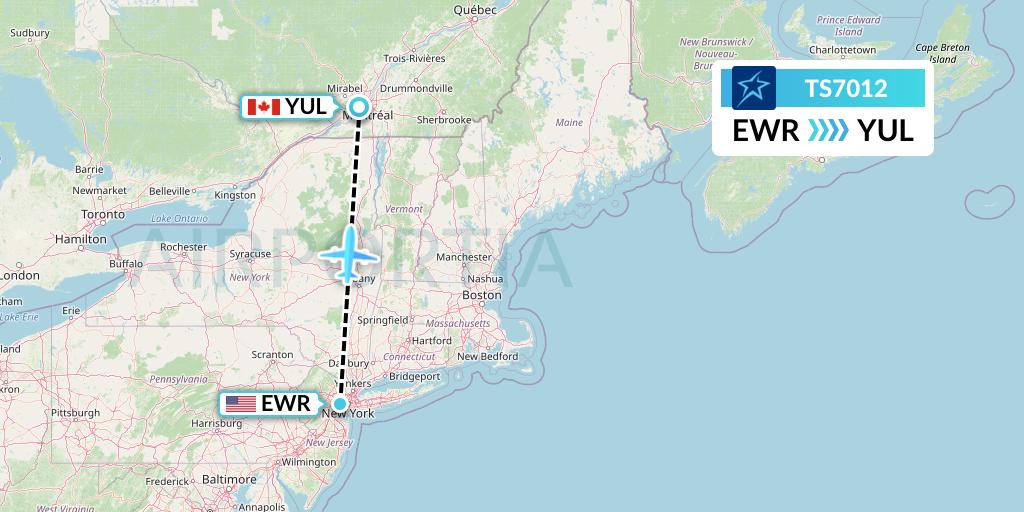 TS7012 Air Transat Flight Map: New York to Montreal