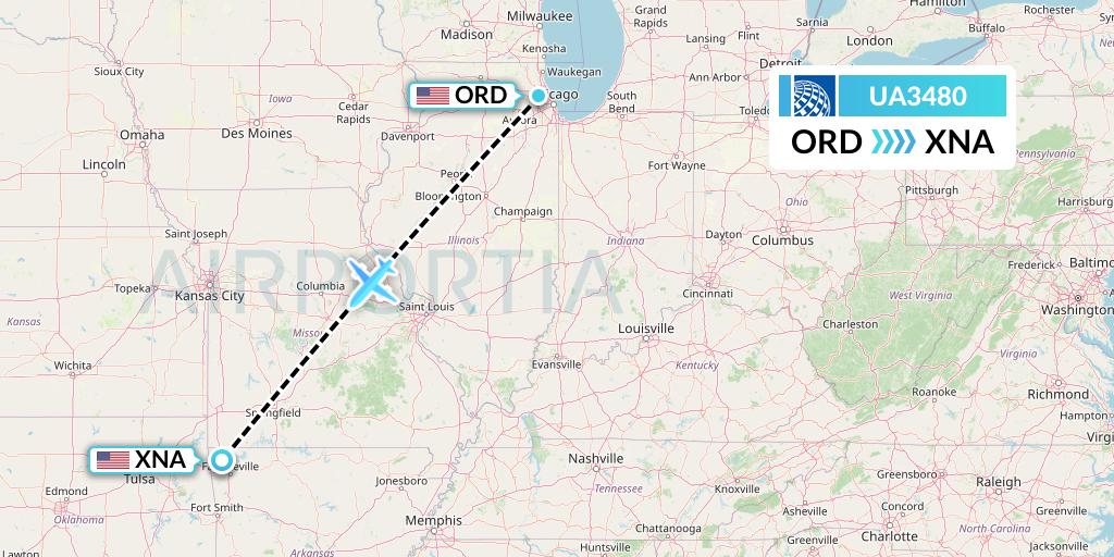 UA3480 United Airlines Flight Map: Chicago to Bentonville