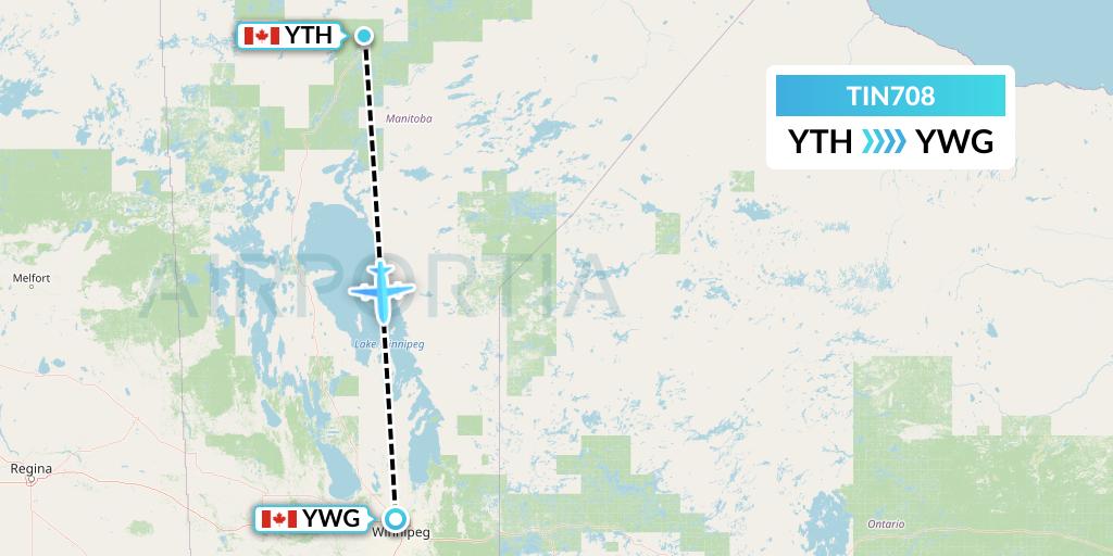 TIN708 Air Tindi Flight Map: Thompson to Winnipeg