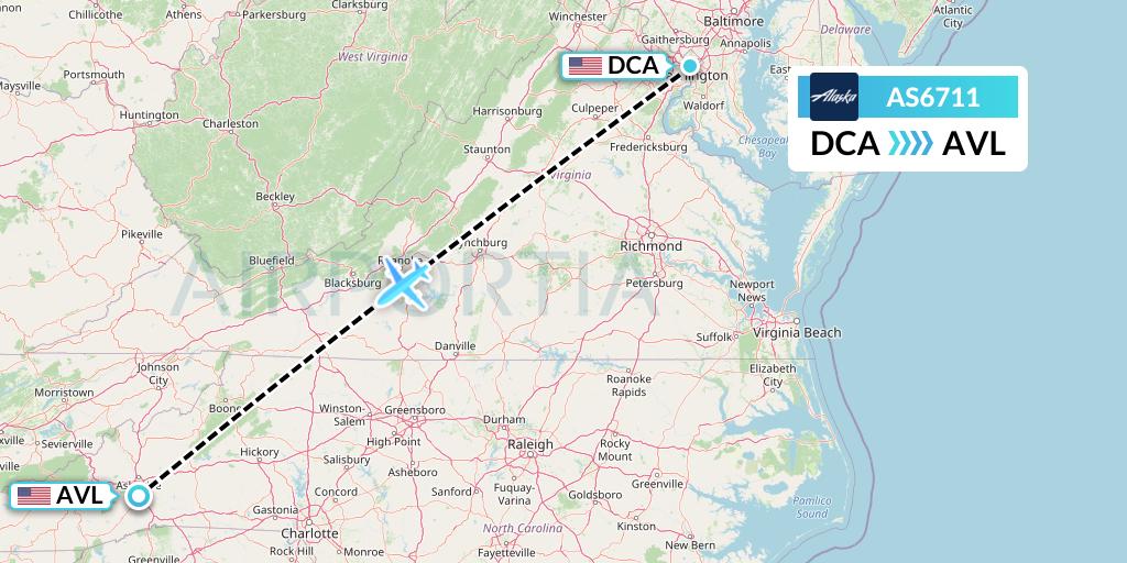 AS6711 Alaska Airlines Flight Map: Washington to Asheville