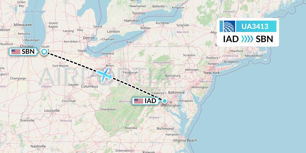 UA3413 United Airlines Flight Map: Washington to South Bend
