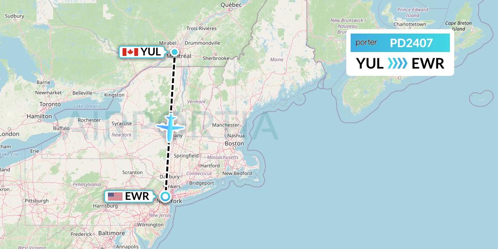 PD2407 Porter Airlines Flight Map: Montreal to New York