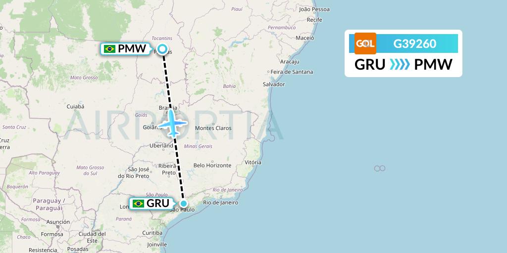 G39260 GOL Transportes Aeros Flight Map: Sao Paulo to Palmas