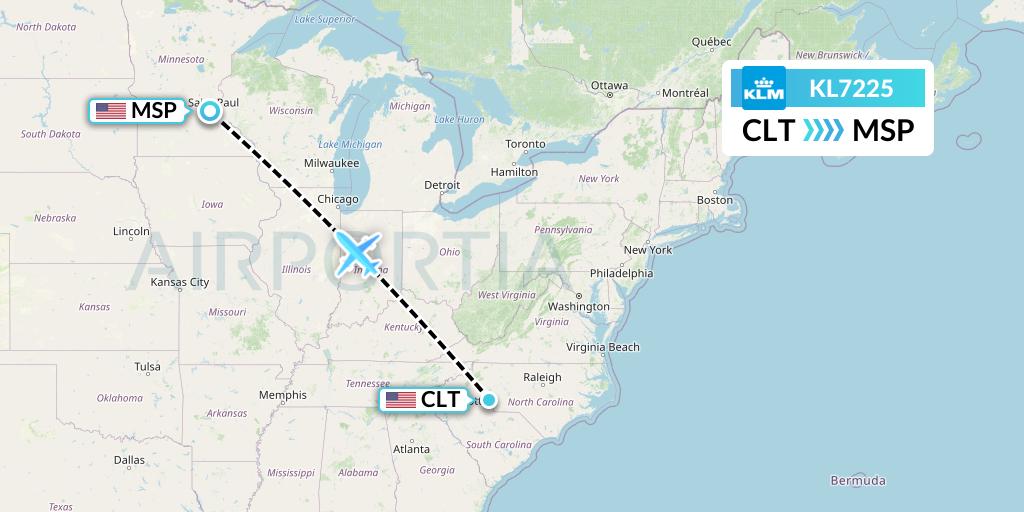 KL7225 KLM Flight Map: Charlotte to Minneapolis