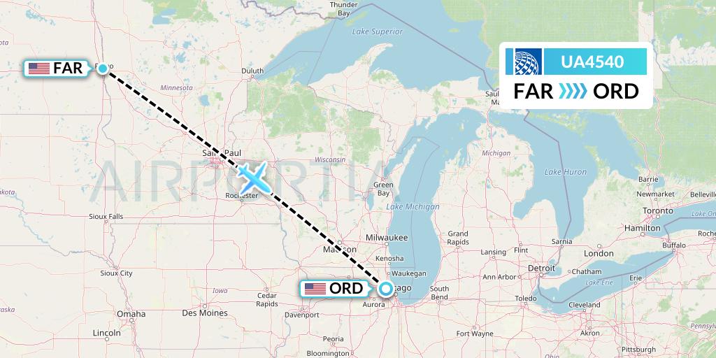 UA4540 United Airlines Flight Map: Fargo to Chicago
