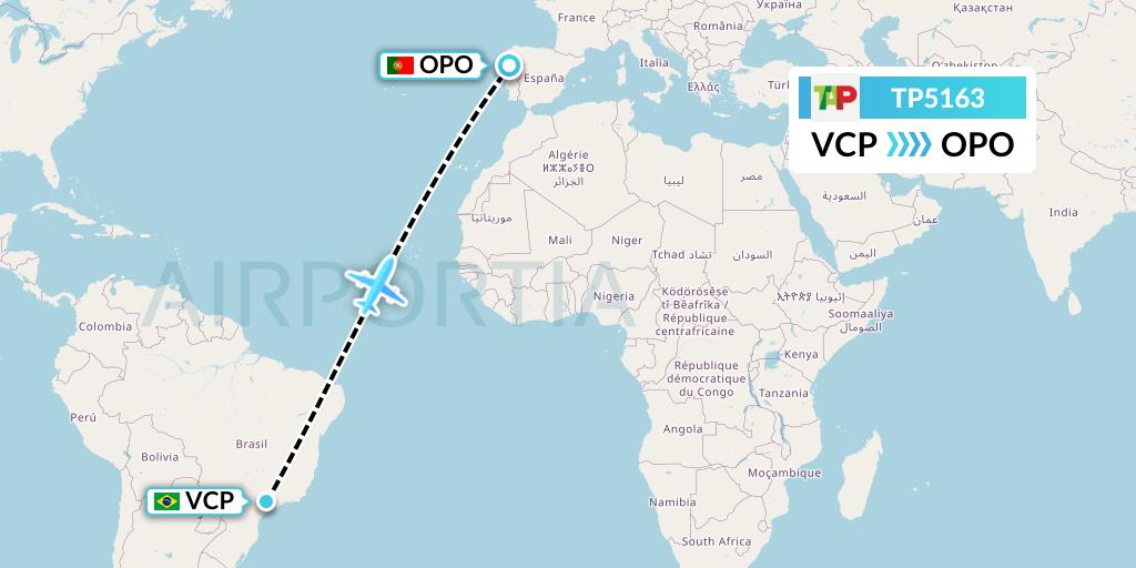 TP5163 TAP Portugal Flight Map: Campinas to Porto