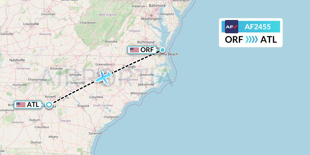 AF2455 Air France Flight Map: Norfolk to Atlanta
