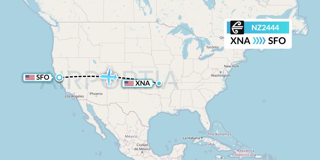 NZ2444 Air New Zealand Flight Map: Bentonville to San Francisco