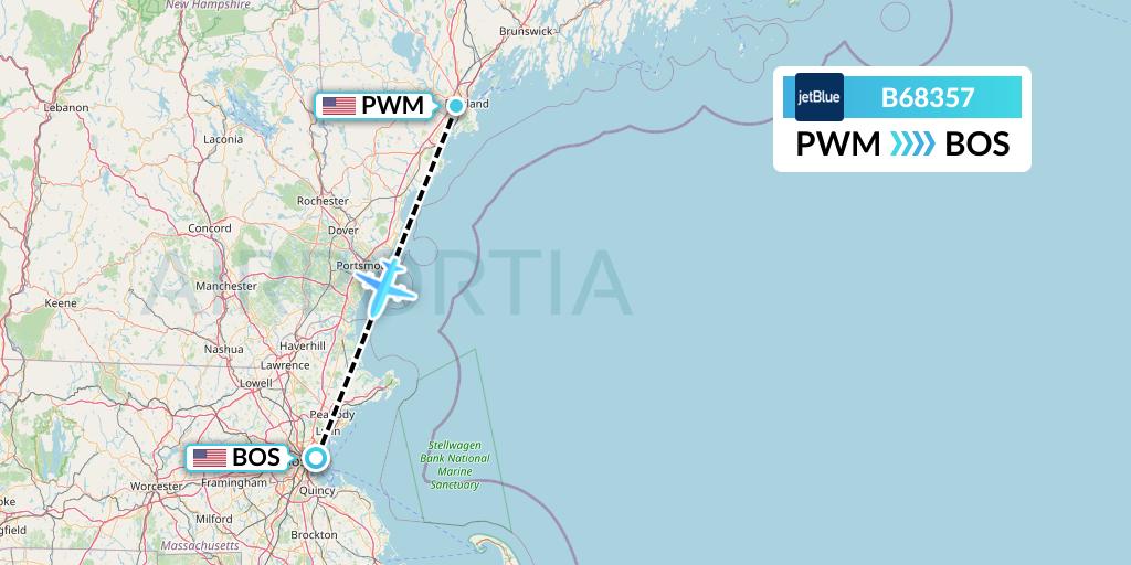 B68357 JetBlue Airways Flight Map: Portland to Boston