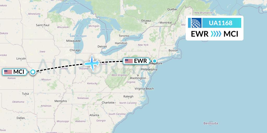 UA1168 United Airlines Flight Map: New York to Kansas City