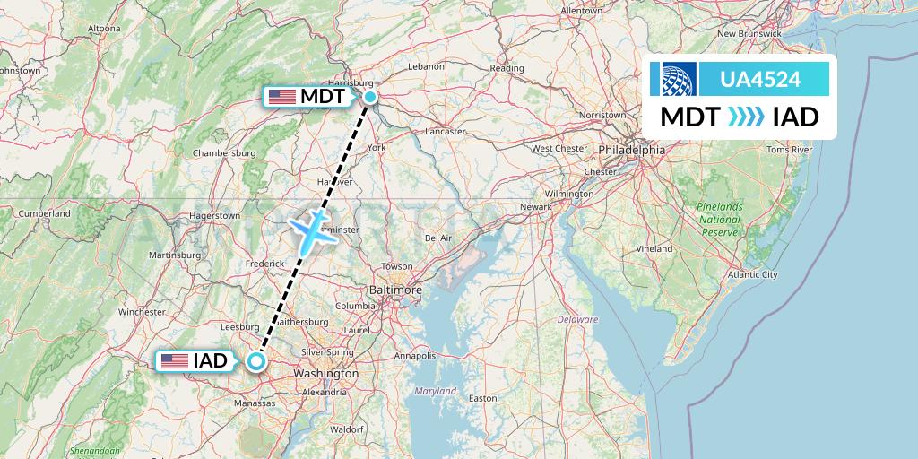 UA4524 United Airlines Flight Map: Harrisburg to Washington