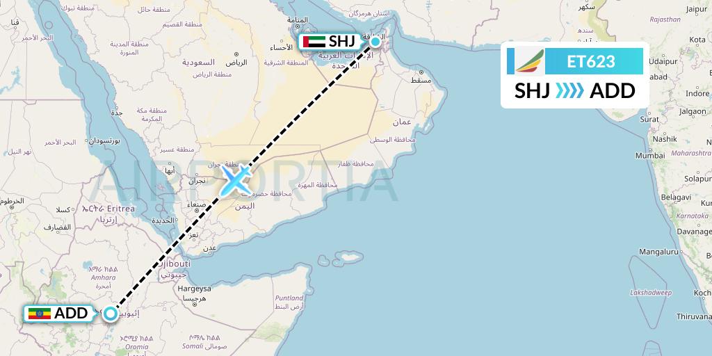 ET623 Ethiopian Airlines Flight Map: Sharjah to Addis Ababa