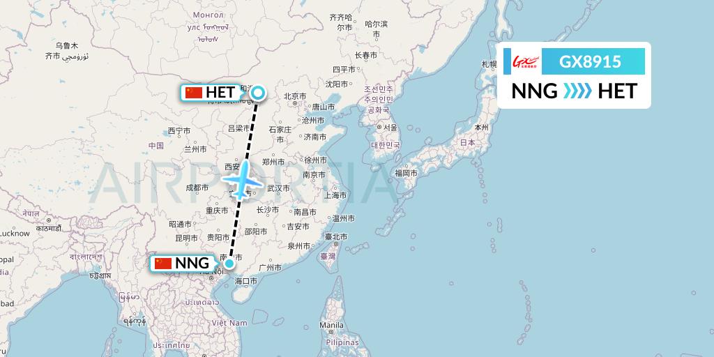 GX8915 GX Airlines Flight Map: Nanning to Hohhot