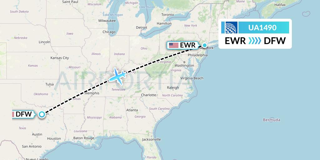 UA1490 United Airlines Flight Map: New York to Dallas