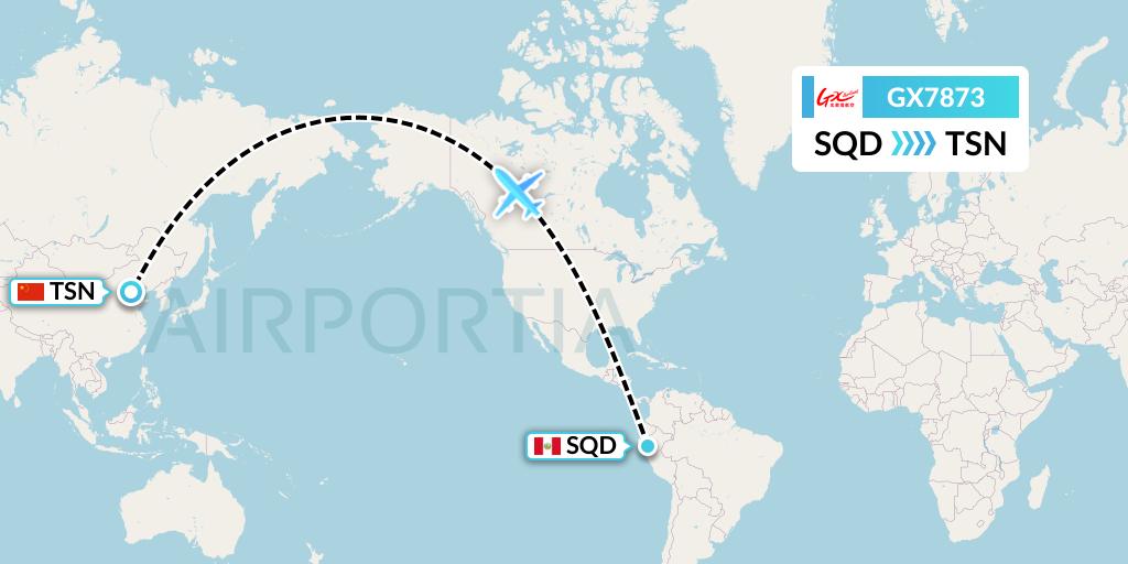 GX7873 GX Airlines Flight Map: San Francisco de Yeso to Tianjin