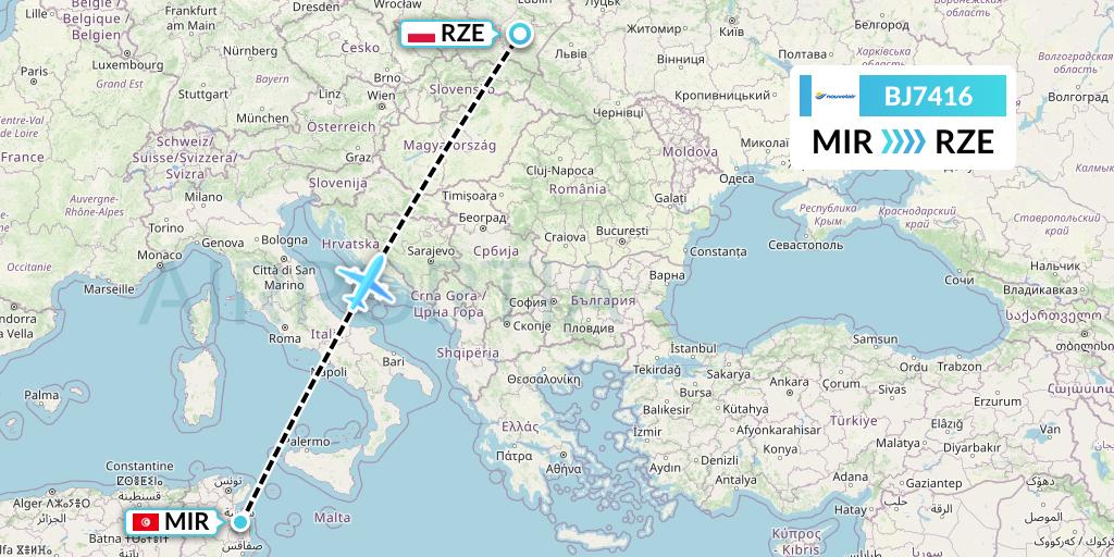 BJ7416 Nouvelair Tunisie Flight Map: Monastir to Rzeszow