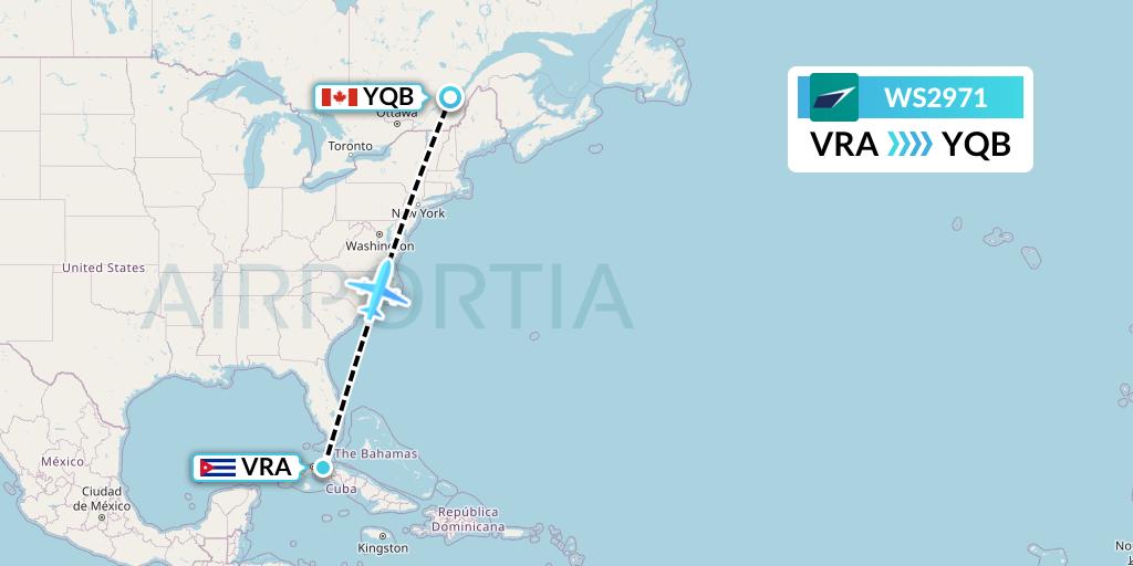 WS2971 WestJet Flight Map: Varadero to Quebec