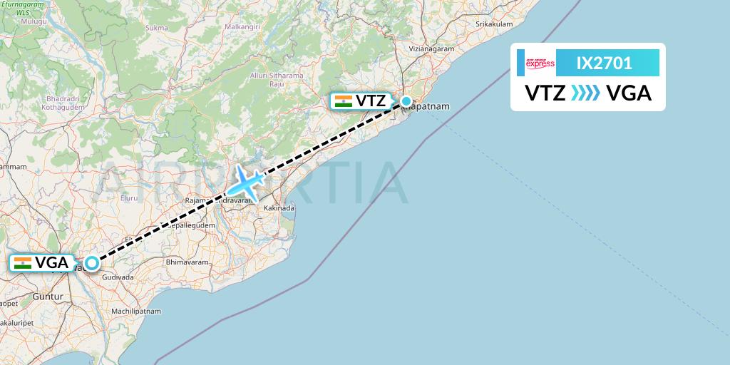 IX2701 Air India Express Flight Map: Visakhapatnam to Vijayawada