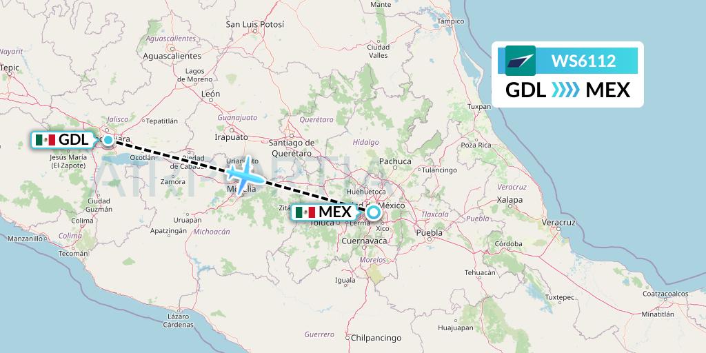 WS6112 WestJet Flight Map: Guadalajara to Mexico City