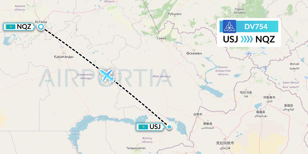 DV754 SCAT Flight Map: Taldy Kurgan to Astana
