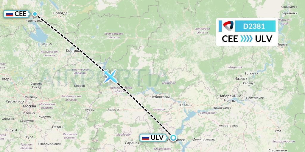 D2381 Severstal Aircompany Flight Map: Cherepovets to Ulyanovsk