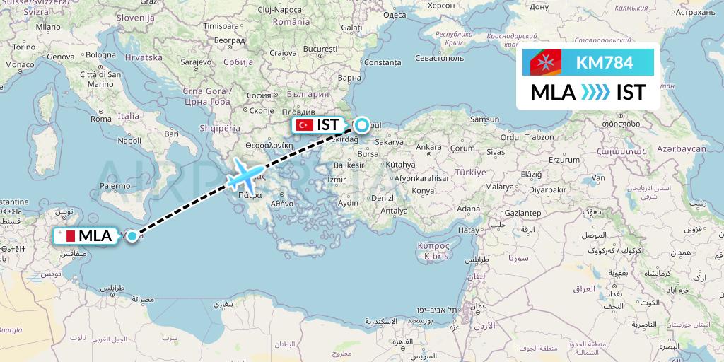 KM784 Air Malta Flight Map: Malta to Istanbul