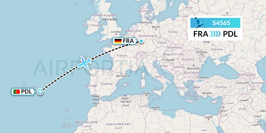 S4565 Azores Airlines Flight Map: Frankfurt to Ponta Delgada