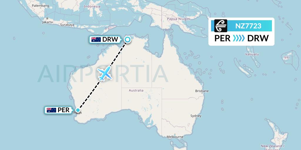 NZ7723 Air New Zealand Flight Map: Perth to Darwin