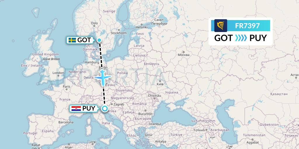 FR7397 Ryanair Flight Map: Gothenburg to Pula
