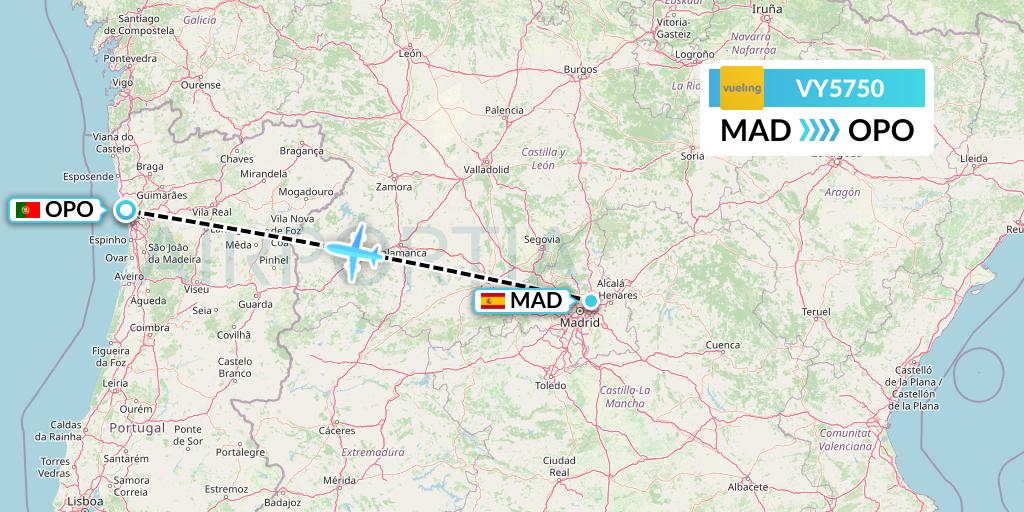 VY5750 Vueling Flight Map: Madrid to Porto