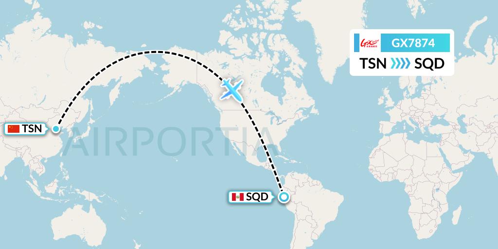 GX7874 GX Airlines Flight Map: Tianjin to San Francisco de Yeso